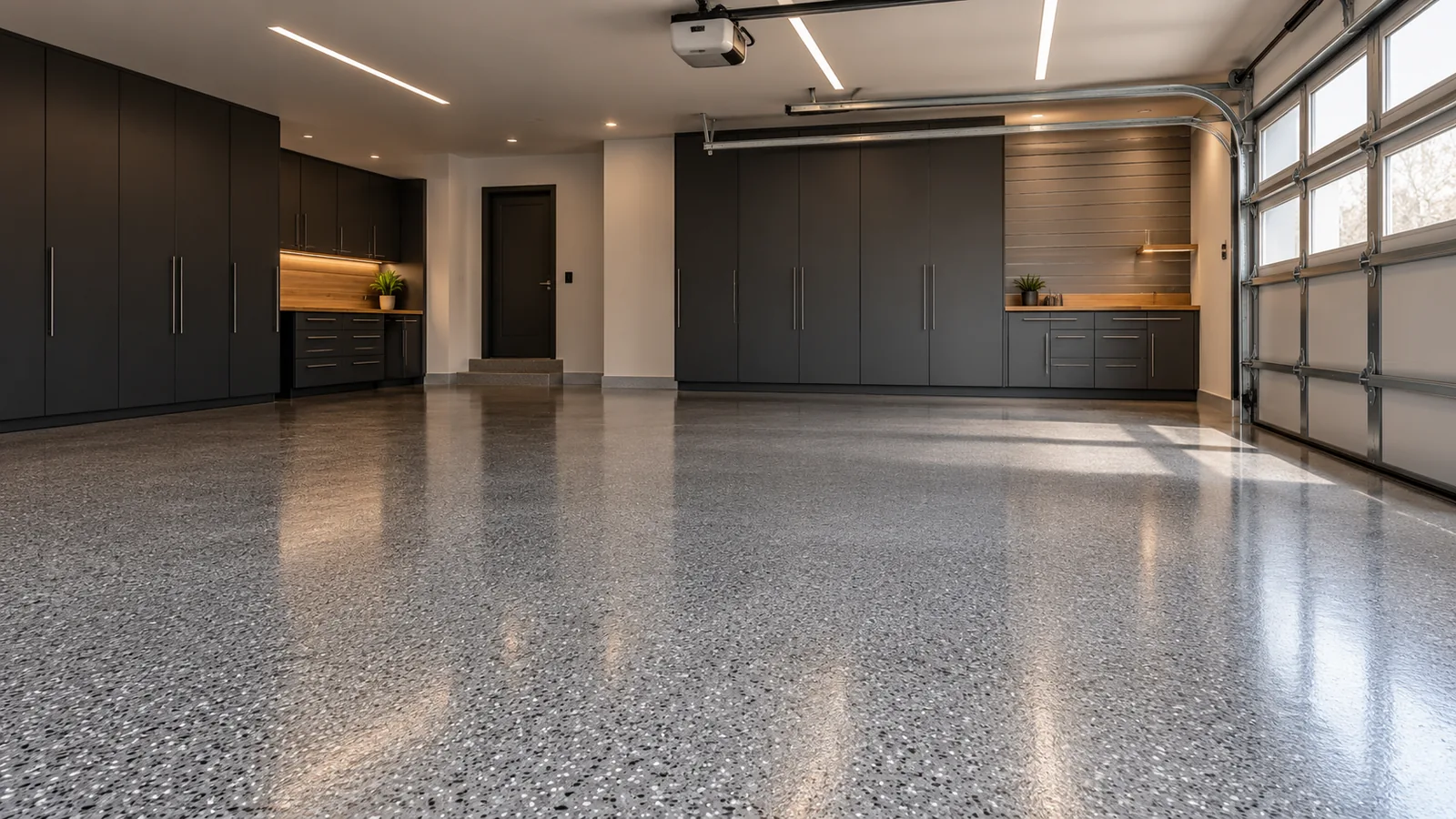 Illustrative upscale garage with a silver-gray flake epoxy floor.